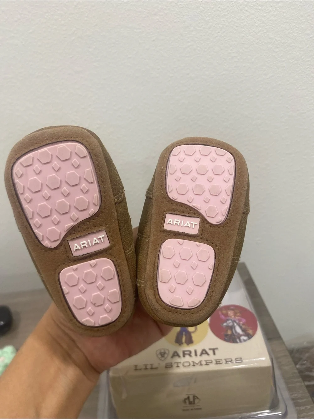 Ariat Kids Brown Moccasins with Pink Purple and Blue Feather Print